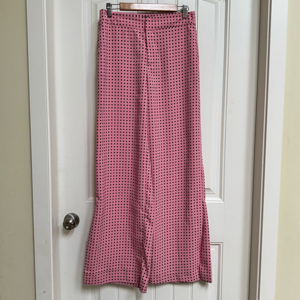 Zara Pink & Black Polka Dot High Waist Wide Slit Leg Flowy Pants. Size M